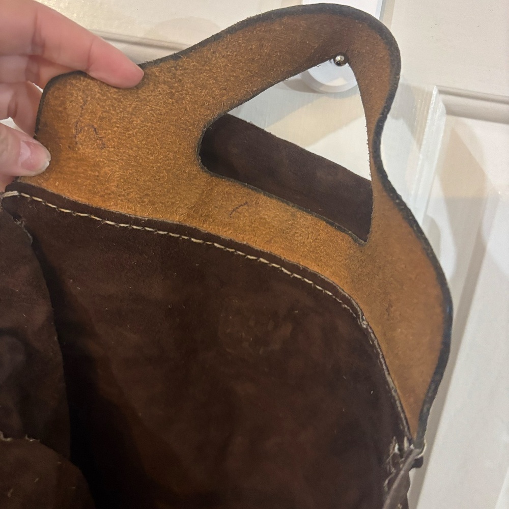 Vintage Brown Suede Leather Handbag with Embossed Top Handles - Picture 3 of 9